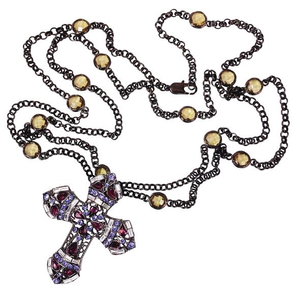 Real Collectibles by Adrienne Glass Rhinestone Cross Pendant Necklace Purple 26" - Picture 4 of 12